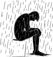Silhouette of a man sitting in the rain, head in hands. vector