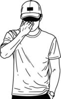 Man in Cap Covering Face. vector