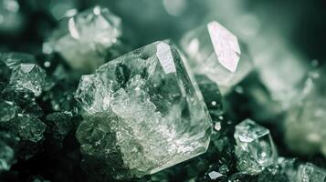 Close up shot detailed aquamarine crystal mineral stone. shiny surface of precious stone mineral crystals in the natural environment photo