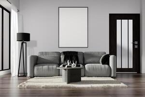 Modern Minimalist Living Room with Gray Sofa, Black Lamp, and Wooden Coffee Table photo