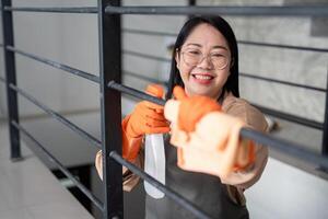 Cheerful Maid Cleaning Staircase Railing with Spray Bottle and Gloves in Modern Home Interior photo