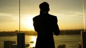 A businessman having a phone conversation with a city skyline at sunset in the background video