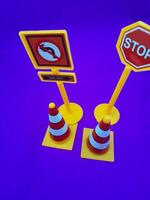 Toy traffic sign on a blue background photo