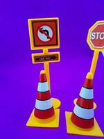 Toy traffic sign on a blue background photo