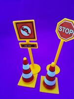 Toy traffic sign on a blue background photo
