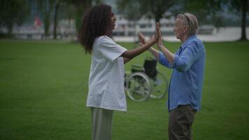 A joyful park interaction occurs between a caregiver and patient, creating harmony video