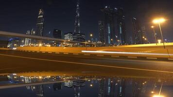 Cityscape Night View with Skyscrapers and Highway, illuminated neon lights in a metropolis video