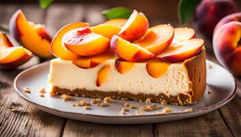 Cheesecake with peaches , Selective focus photo
