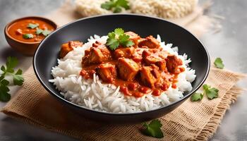 Chicken tikka masala over fluffy white rice in a bowl isolated, a classic Indian dish photo