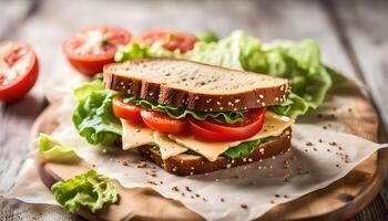 whole grain bread sandwich topped with fresh tomato sliced and cheese, side view photo