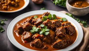 Close up view of mutton curry in a white plate. photo