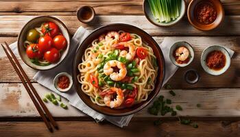 Udon pasta with shrimp, tomatoes and paprika. Top view photo