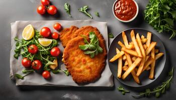 Tasty schnitzels served with potato fries, tomatoes and arugula on grey table, flat lay. Space for text photo