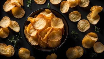 Ruffled Cheese Potato Chips in a Bowl on a black background, top view. Flat lay, overhead, from above. Space for text. photo
