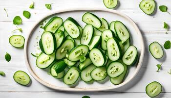 Sliced Organic Mini Baby Cucumbers on a white wooden background, top view. Flat lay, overhead, from above. photo