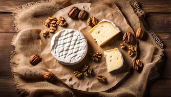Round cheese camembert or brie in paper with walnuts. Copy text. Flat lay. Top view. From above. Obsolete burlap texture. photo
