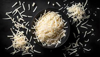 Shredded Mozzarella Cheese in a Bowl on a black background, top view. Flat lay, overhead, from above. photo