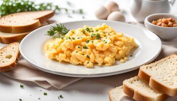plate of scrambled eggs and slices of bread on white background photo