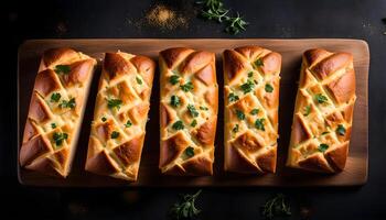 Homemade Cheesy Bread Loaf on a rustic wooden board on a black background top view. Flat lay overhead from above. photo