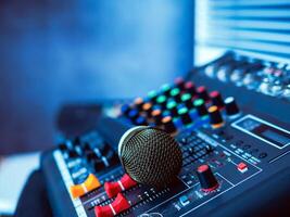 Close-up microphone on sound mixer in live broadcasting studio producer for sound record control system production and audio equipment and music instrument photo