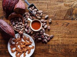 Top view of hot chocolate drink,cocoa drink and natural cocoa powder with brown cocoa beans and dry cacao pod on a vintage wooden table. photo