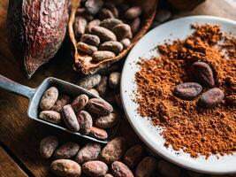 Close-up of Natural cocoa powder with brown cocoa beans and dry cacao pod on a vintage wooden table. photo