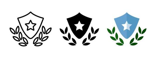 Shield with star and laurel wreath icon. Protection and security symbol. Heraldic warranty and guarantee badge. Insignia with laurel chaplet illustration. Shield with star and leaves. vector