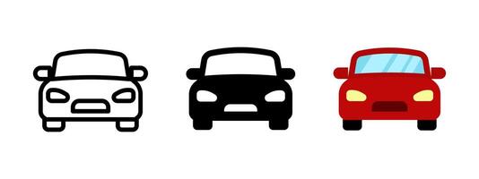 Red car icon. Automobile symbol. Sedan auto illustration. Automotive vehicle sign. Car front view concept in different styles - outline, black, flat, colored. Automobile silhouette. vector