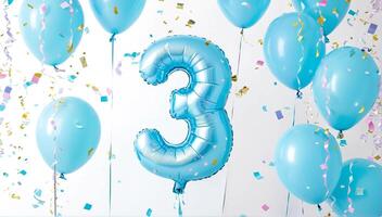A festive celebration of the third birthday with balloons and confetti in blue pastel tones, an inflatable balloon with the number 3 on a white background. photo