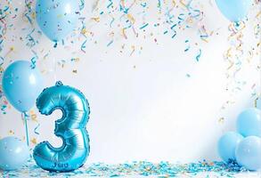 A festive celebration of the third birthday with balloons and confetti in blue pastel tones, an inflatable balloon with the number 3 on a white background. Banner with copy space. photo