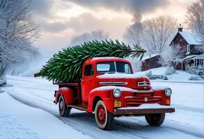 Vintage red pickup truck carrying Christmas tree in snowy landscape photo