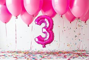 A festive celebration of the third birthday with balloons and confetti in pink pastel tones, an inflatable balloon with the number 3 on a white background. photo