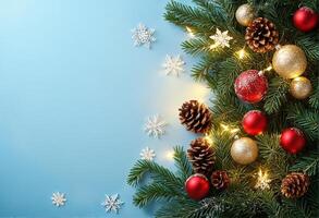 Christmas frame. blue xmas background with pine tree branches gold snowflakes balls garland. Christmas frame greeting card template banner mockup. photo