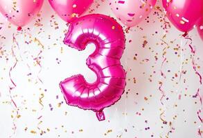 A festive celebration of the third birthday with balloons and confetti in pink pastel tones, an inflatable balloon with the number 3 on a white background. photo