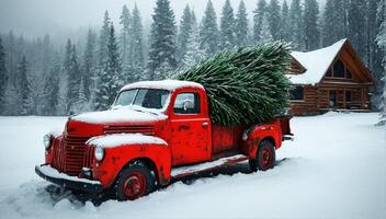 Vintage red pickup truck carrying Christmas tree in snowy landscape photo