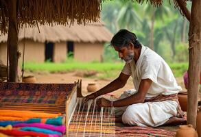 Traditional Indian weaver crafting on handloom in village settingries. photo