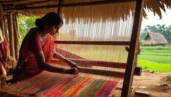 Traditional Indian weaver crafting on handloom in village settingries. photo