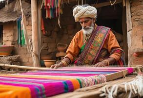 Traditional Indian weaver crafting on handloom in village settingries. photo