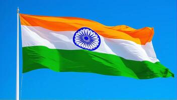 The majestic national flag of India flutters against the clear sky. Indian Independence Day. photo