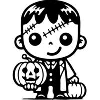 Boy in halloween costume of mad scientist holding smiling pumpkin in hand in monochrome. Simple minimalistic in black ink drawing on white background vector