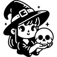 Girl actress in a little witch costume holding a toy skull in monochrome. Simple minimalistic in black ink drawing on white background vector