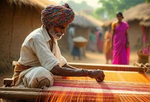 Traditional Indian weaver crafting on handloom in village settingries. photo