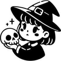 Girl actress in a little sorcerer costume holding a toy skull in monochrome. Simple minimalistic in black ink drawing on white background vector