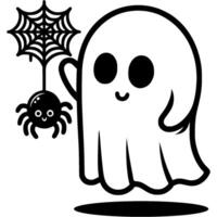 Halloween ghost plays with pet spider in monochrome. Simple minimalistic in black ink drawing on white background vector