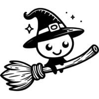 Little witch in big magic hat flies on broom in monochrome. Simple minimalistic in black ink drawing on white background vector