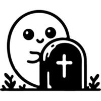 Halloween ghost peeks out from behind a tombstone in monochrome. Simple minimalistic in black ink drawing on white background vector
