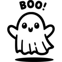 Halloween ghost spreads her arms out and says boo in monochrome. Simple minimalistic in black ink drawing on white background vector