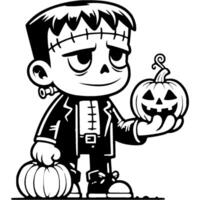 Resurrected zombie character holding Halloween pumpkin in his hand in monochrome. Simple minimalistic in black ink drawing on white background vector