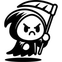 Halloween ghost in death costume with reaper scythe in hand in monochrome. Simple minimalistic in black ink drawing on white background vector