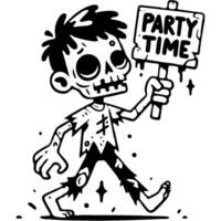 Zombie in tattered clothes carries a wooden sign that says party time in monochrome. Simple minimalistic in black ink drawing on white background vector